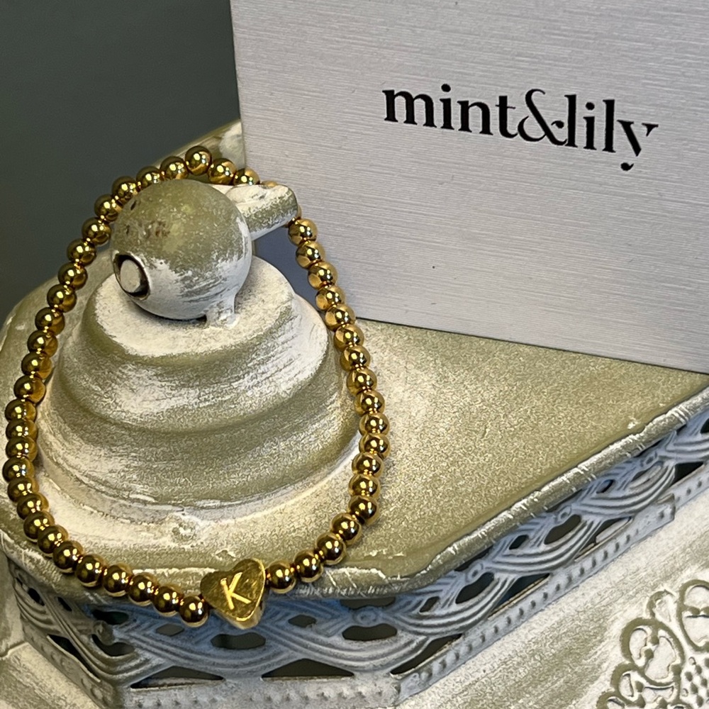 Mint & Lily Gold Beaded Bracelet w/Heart Initial “K”